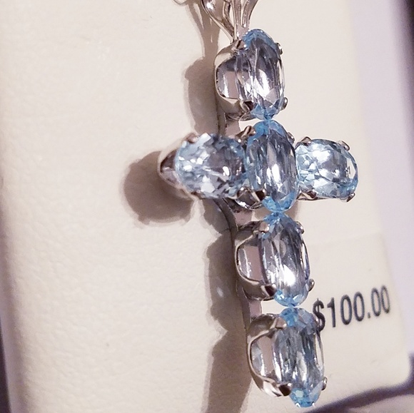 Genuine blue topaz cross necklace 925 SS - Picture 4 of 6
